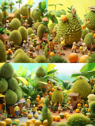 有趣的卡通微缩模型，巨大的新鲜榴莲，榴莲，大量的小人物，充满活力和动作场面，晴朗的天气，风格的彩色动画高跷，强烈的对比，创意 插图广告，真实立体摄影，玩具主义，停止动作动画，柔光 背景，田中达也风格，黄金比例组成，完美照明，3d，oc渲染，8k，