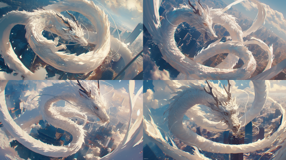 白色中国龙盘旋现代城市高楼，鳞片闪耀，对角线构图，城市天际线，冷色调，长焦镜头，逆光，动态模糊，神秘，威严。