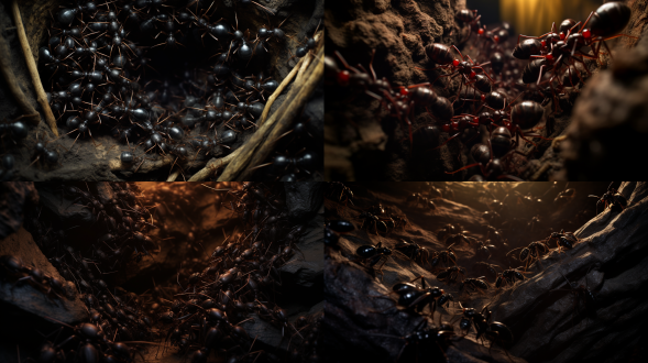 蚂蚁宫殿，微距摄影，地下巢穴，错综复杂，暗色调，长焦镜头，顶光，细节丰富，秩序井然，神秘。