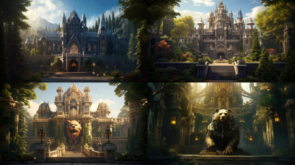 熊的宫殿，宏伟建筑，森林环绕，哥特式风格，巨熊国王，金色王冠，严肃表情，细节丰富，广角镜头，自然光，黄金时刻，神秘，庄严。