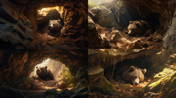 狗熊冬眠洞穴俯瞰，正上方视角，透视效果，自然环境，广角镜头，柔和光线，静谧，棕色调，温暖，安宁。