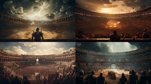 上帝视角，云端俯瞰，罗马斗兽场内部，比赛进行中，广角镜头，高分辨率，自然光，动态模糊，历史感，古罗马风格，竞技场，观众欢呼，战士搏斗，棕色调，壮观，激动人心。