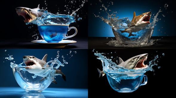 杯子底部迷你鲨鱼跃起，张开大口，水花四溅，微距镜头，高饱和度，水下环境，动态模糊，正面光，快速快门，生动，蓝色调，惊奇。