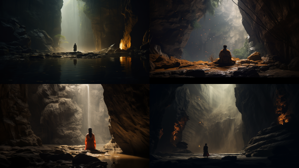 洞口探秘，李白诗意，神秘幽深，洞内微光，古装文人，好奇表情，广角镜头，低角度，侧光，暗调，静谧，探索。
