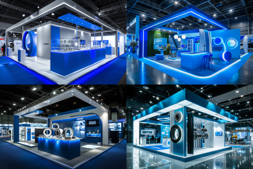 展台设计，机械密封圈产品，蓝色品牌色，开放式布局，展会环境，广角镜头，自然光，细节清晰，科技感，专业感，蓝色调，现代感。