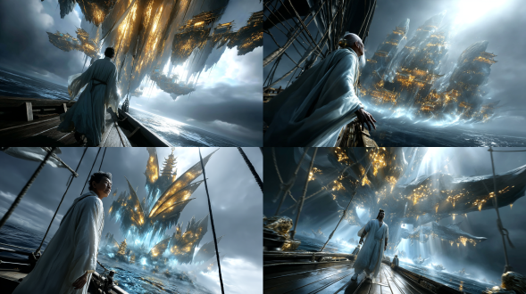 徐福，一个中国秦朝时期的古代方士老人，穿着白色布袍，站在一艘古老的中国古代大型帆船甲板上，身披方士服饰，神情带着一丝憧憬与执着。巨大的帆布高高扬起，迎风鼓动，帆船在茫茫大海中乘风破浪。远处海平面上，清晰地映现出一片宏伟的海市蜃楼，仙山楼阁，金碧辉煌，但依然带着虚幻感，如同诱人的幻境。画面风格为写实，电影质感，史诗探险感，梦幻与现实结合，注重帆船的木质纹理和帆布的质感，海市蜃楼的光影和细节，高清细节。