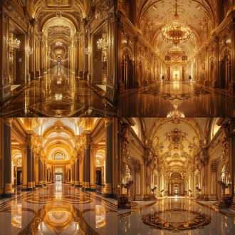 宏伟宫殿中，金色装饰闪耀，对称构图，广角镜头，暖金色调，顶光，展现华丽大气场景，庄重，震撼。