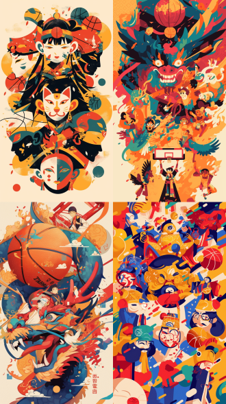 藏药与篮球合作海报，扁平风，彩色活力，双人对抗，含藏医药与藏族纹样，中国面孔，现代简约，似巴黎奥运海报，留白，运动感强