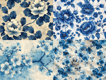 蓝色白色图案壁纸，中国风格，花卉，蓝墨水，线雕，凹版印刷，4:3比例，niji 5风格，瓷砖效果，细腻纹理，古典氛围，对称构图，柔和光线，静谧情绪，传统美学。