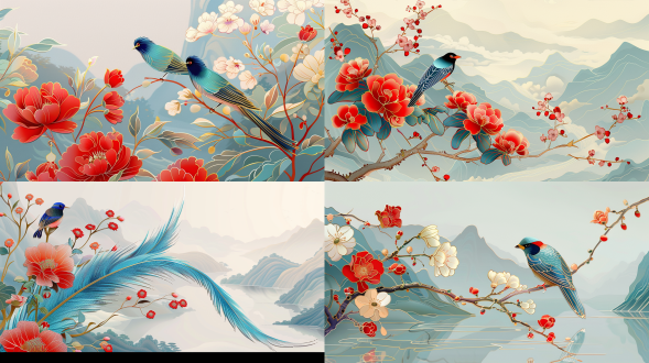 中国美学，鸟羽缀亮片，闪耀迷人光泽，似随时振翅高飞，花朵更娇嫩多汁，亮片反射梦幻色彩，远山流水，细节精致，8k分辨率，自然风光，微距摄影，柔和光线，生动色彩，梦幻氛围，细腻质感。