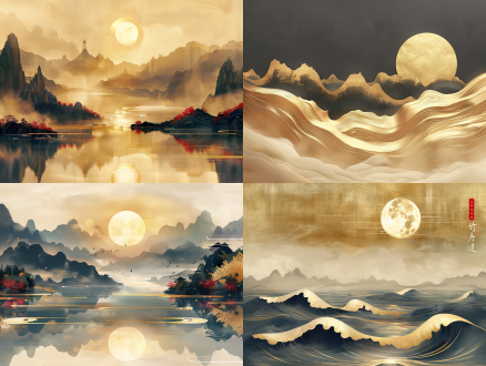 中国美学，水墨山水，纯背景，8k细节，高对比度，暖金色，动态波浪，金色月亮，天空渐变，精致细节，广角镜头，侧光，宁静，和谐。