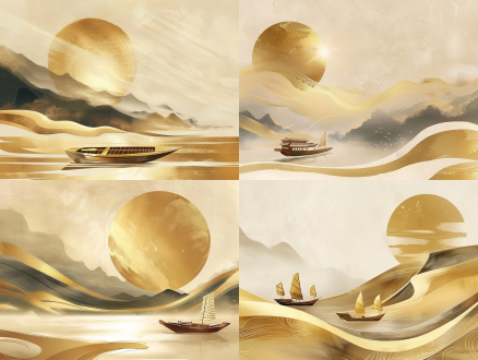 小船在墨色山水画中，纯白背景，暖金色月光，天空渐变色，细节精致。对角线构图，高分辨率，暖色调，长焦镜头，柔和侧光，静谧，温暖，宁静。