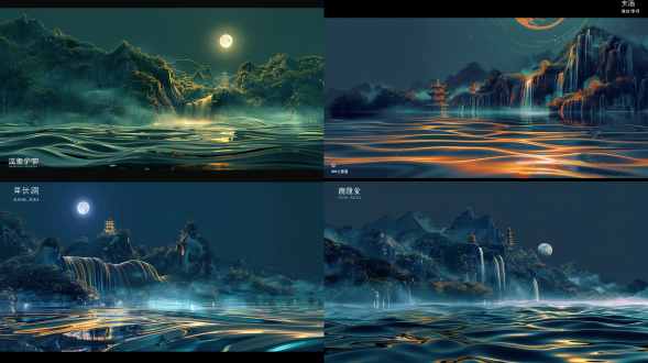 中国美学，满月，瀑布，夜景，幻想景观，金色调，戏剧性悬崖，宁静水面，水反射，雾气氛围，亚洲风格建筑，传统宝塔轮廓，茂密树木，岩石形态，垂直构图，数字艺术，飘渺光芒，宁静情绪，自然美，月光效果，广角镜头，柔和光线，高动态范围，细节丰富，神秘感，和谐色彩。