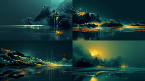 中国美学，满月，瀑布，夜景，幻想景观，金色调，戏剧性悬崖，宁静水面，水中倒影，雾气氛围，亚洲风格建筑，传统宝塔轮廓，茂密树木，岩石形态，垂直构图，数字艺术，缥缈光芒，宁静氛围，自然美，月光效果，高动态范围，长曝光，柔和光线，神秘感，和谐色彩，超现实风格。