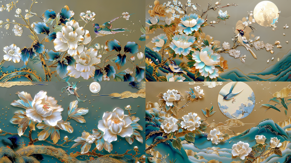 多维纸雕艺术，3d浮雕画，花鸟月背景树，白色镀金，蓝绿渐变，高清晰度，半透明玻璃质感，优雅色彩，对称构图，边缘光反射，高分辨率，高细节剪纸艺术。