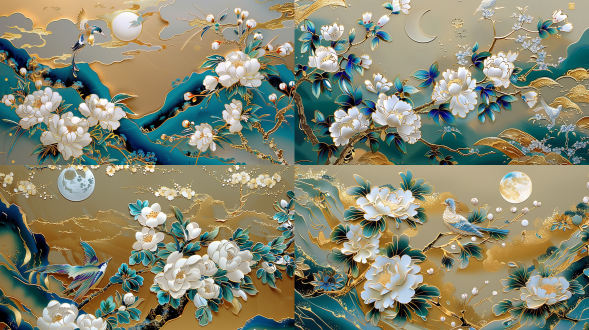 多维纸雕艺术，3d浮雕画，花鸟月背景树，白色镀金，蓝绿渐变，高清晰度，半透明玻璃质感，优雅色彩，对称构图，边缘光反射，高分辨率，高细节剪纸艺术。