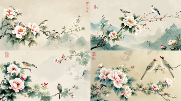 手绘花鸟，牡丹花盛开，两只小鸟栖息，细腻笔触，自然光，柔和色彩，超高清，300分辨率，静谧，生机勃勃。国画