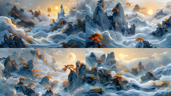 artist xin dazhong's style features complex psychedelic landscapes, guanyin bodhisattva, and glowing 3d objects. in a piece of artwork, there is a combination of white and gold colors, ethereal cloud scenery, the use of paper, layered transparency, and luminous images.