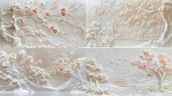 chinese aesthetics, extensive negative space, landscape artistic conception,golden outline，delicate bas-relief patterns, partially colored, pure white background, fresh and elegant, soft lighting, refined brushwork, tranquil atmosphere, natural elements, harmonious unity.