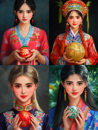 手拿绣球的壮族少女，简约背景，8k