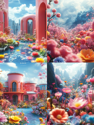 多彩花丛，cinema4d渲染，现代糖果色调，异世界场景，爱情浪漫，wlop风格，柔和圆润形态，照片合成。