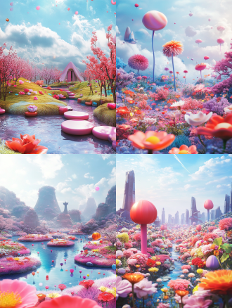 多彩花丛，cinema4d渲染，当代糖果色，异世界场景，爱情浪漫，wlop风格，柔和圆润形态，照片合成，鲜艳色彩，梦幻氛围，柔和光线，自然环境，广角镜头，温馨情感。