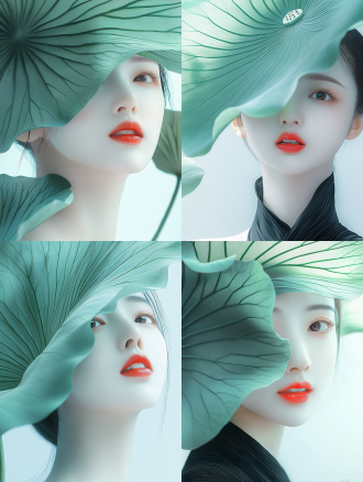 上海女性，半身优雅，大绿莲叶遮面，美目含笑，红唇长睫，素颜柔滑，黑汉服，纯白背景，禅意空灵，上方留白，极简主义，中景，高光对比，自然光，柔和线条，宁静微笑，纯净色彩，神秘美感。