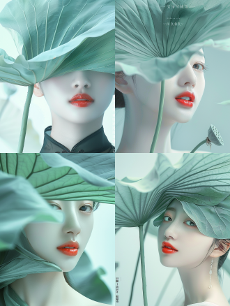 上海女子半身优雅照，大绿莲叶遮半脸，美目长睫红唇笑，素颜顺滑黑汉服，纯白背景禅意浓，上方留白多，极简主义，中景，半身，高雅，绿叶，眼神，睫毛，微笑，红唇，素颜，流畅线条，黑色汉服，白色背景，禅意，留白，极简。