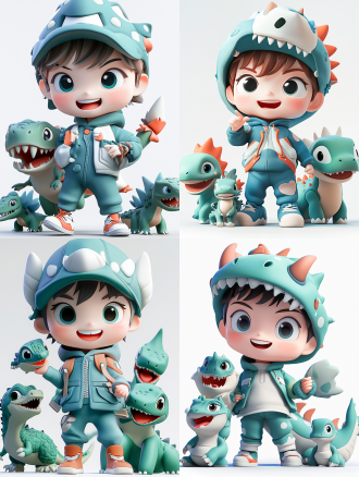 可爱的卡通男孩，面带微笑，露出可爱的牙齿，身穿恐龙服，旁边几支小恐龙，c4d，8k高清，卡通风格，明亮色彩，柔和光线，广角镜头，对称构图，温馨氛围，欢乐情绪。