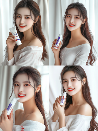 中国美女身穿睡衣手持牙膏笑容灿烂露洁白牙齿全身照白色背景，高清8k，正面构图，暖色调，人像模式，平光，喜悦。