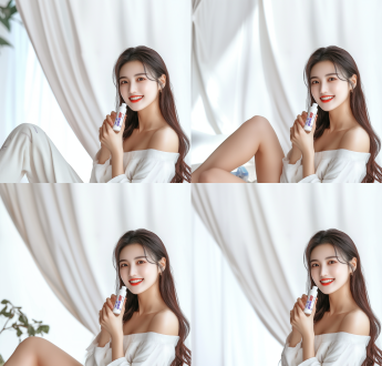 中国美女身穿睡衣手持牙膏笑容灿烂露洁白牙齿全身照白色背景，高清8k，正面构图，暖色调，人像模式，平光，喜悦。