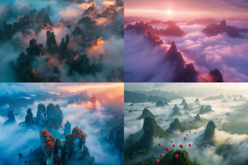 贵州山脉连绵，奇峰异石，人间仙境，色彩斑斓，云雾缭绕，空中俯瞰拍摄，光线环绕，广角镜头，高分辨率，自然光，清晨，山脉，云海，神秘感，宁静，壮丽。