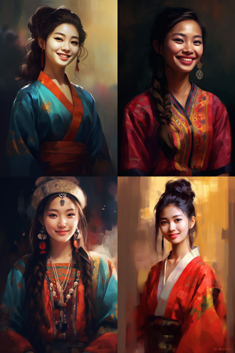 布依族姑娘，插画风格，电商元素，干净背景纯色，半身像，微笑，传统服饰，细腻笔触，柔和光线，鲜艳色彩，温馨氛围。
