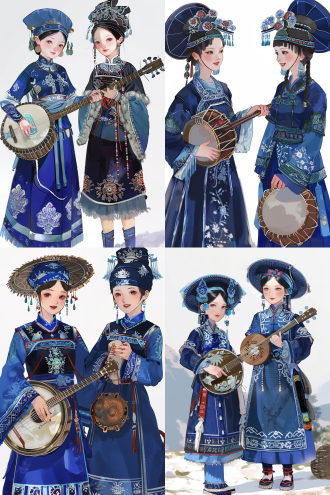 两个布依姑娘，手拿乐器，能歌善舞，写实插画风格，对称构图，细腻笔触，民族服饰，微笑表情，自然光，中景镜头，柔和色彩，欢乐氛围。