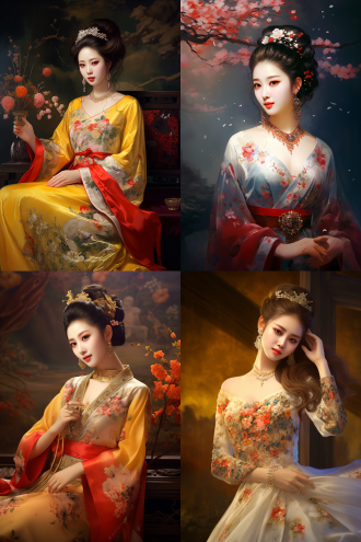 中国古典美女，丰满身材，微笑闭嘴，肤如凝脂，梅花环绕，金色宫殿，红色地毯，盘发精致，鲜艳色彩，清纯美丽，独奏姿态，珠宝点缀，花形发饰，杰作级质量，绝世容颜，色彩缤纷的纱质衣裙，细长眉毛，全身照，正视图，丹凤眼，柔和侧光，高光细节，环境光，长焦镜头，自然色彩，静态美，传统服饰，细腻肌肤，优雅姿态，古典美，柔和光线。