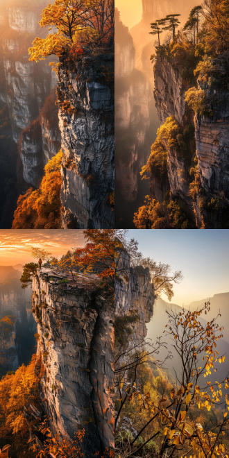 贵阳黔灵山，秋日夕阳，猴子，崖壁雄浑，树叶金黄，冷暖对比，远景构图，逆光，广角镜头，高动态范围，暖色调，金色光芒，宁静，壮丽。