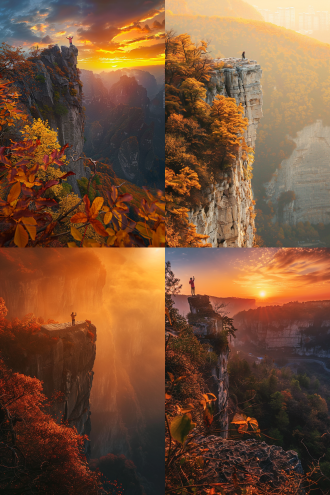 贵阳黔灵山，秋日夕阳，攀登者站立山顶呐喊，聚焦人物身影居中画面，崖壁雄浑，树叶金黄，冷暖对比，远景构图，逆光，广角镜头，高动态范围，暖色调，金色光芒，宁静，壮丽。