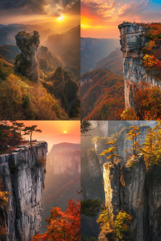 贵阳黔灵山，秋日夕阳，崖壁雄浑，冷暖对比，远景构图，逆光，广角镜头，高动态范围，暖色调，金色光芒，宁静，壮丽。