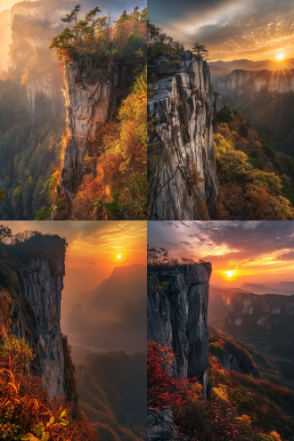 贵阳黔灵山，秋日夕阳，崖壁雄浑，冷暖对比，远景构图，逆光，广角镜头，高动态范围，暖色调，金色光芒，宁静，壮丽。