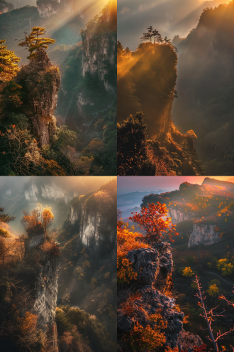 贵阳黔灵山，秋日夕阳，冷暖对比，远景构图，逆光，广角镜头，高动态范围，暖色调，金色光芒，宁静，壮丽。