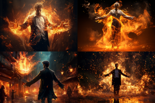 男子挥手，火焰四溅，全身像，光环，火焰旋涡，火焰喷泉，炽热，红与浅金，光晕散景，逆光，超细节，3d渲染，摇摄镜头，侧视，宏大视角，动态，火焰，光环，炽热，红色，金色，逆光，细节，渲染，摇摄，侧视，宏大。