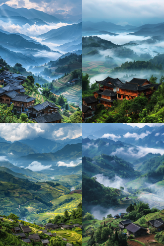 连绵起伏的群山，山下农田和村庄，河流，广阔地势，山腰云雾，山顶有木屋，中式木屋，站在山顶看，高清广角，自然光，宁静，和谐，壮丽，绿色，蓝色，平静。高对比度, 广角镜头, 自然光, 静态, 山水相依, 优美.