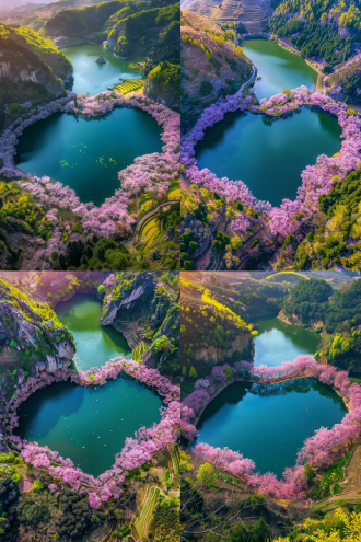 心形湖畔桃花盛开，绿山环绕，黄稻田点缀，悬崖边俯瞰，真实航拍，高清画面，绚丽色彩，春日浪漫，高分辨率，鸟瞰角度，风景画般，美不胜收。心形湖,桃花树,绿山,黄稻田,悬崖,真实航拍,高清画面,绚丽色彩,春日浪漫,高分辨率,鸟瞰角度,风景画般,美不胜收。