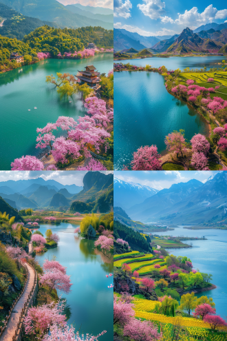 湖岸长廊桃花树绿山黄稻田悬崖真实航拍高清画面绚丽色彩春日浪漫高分辨率鸟瞰角度风景画般美不胜收，全景构图，自然光，广角镜头，鲜艳色彩，细腻纹理，宁静氛围，生机勃勃。