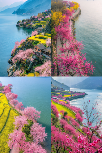 东方威尼斯，湖岸长廊桃花盛开，黄稻田悬崖，航拍高清，绚丽春日，自然光广角，鲜艳细腻，宁静生机。湖岸线，桃花粉，稻田黄，悬崖峭壁，航拍视角，春日暖阳，广角镜头，自然光，色彩鲜艳，细节丰富，宁静氛围，生机勃勃。