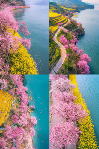 东方威尼斯，湖岸长廊桃花盛开，黄稻田悬崖，航拍高清，绚丽春日，自然光广角，鲜艳细腻，宁静生机。湖岸线，桃花粉，稻田黄，悬崖峭壁，航拍视角，春日暖阳，广角镜头，自然光，色彩鲜艳，细节丰富，宁静氛围，生机勃勃。