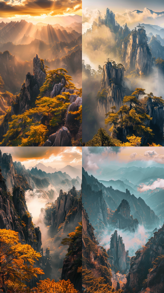 黄山迎客松，金色秋景，奇峰绝壁，航拍视角，广角镜头，自然风光，金色调，温暖阳光，宁静，壮丽。