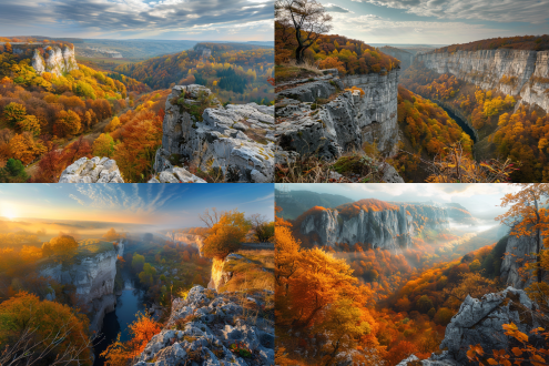 金黄色秋天，奇特喀斯特风景胜地，探险，悬崖，秋季，开阔视野景象，广角镜头，自然光线，饱和色彩，远景，壮丽，宁静。