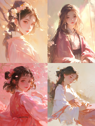 清朝少女工笔画，居中构图，古风场景，细腻笔触，长焦镜头，暖光照明，发丝垂落，着粉色汉服，裙摆飘动，童真可爱，柔和色调。