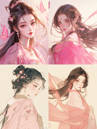 在艺术的奇幻世界里，一幅令人瞩目的工笔画作跃然眼前。画面中是一位正值青春妙龄的 18 岁少女，那一头乌黑的长发如绸缎般柔顺亮泽，肆意地披散在身后，仿佛流淌着无尽的青春活力。 她身着粉色的汉服，衣袂飘飘，汉服上精致的纹理与粉色的柔美相互映衬，展现出独特的古典韵味与时尚气息的交融。圆润的脸庞上，五官精致如画，眼眸明亮而深邃，恰似藏着星辰大海，高挺的鼻梁下，嘴唇微微上扬，洋溢着青春的自信与朝气。脖颈间和手腕上的首饰虽略显繁杂，却更凸显出她与众不同的个性魅力，仿佛在诉说着属于她的故事。 整幅画作呈现出极致简约的肖像风格，巧妙地运用几何形状来塑造人物的形象与服饰的线条，在哑光浅黄色的背景烘托下，营造出一种宁静而优雅的氛围。 它融合了现代新波普插画的清新活泼风格，兼具动画 gif 的动态感与灵动性，还带有 “dolly kei” 风格的甜美浪漫元素，使得画面中的少女形象宛如从童话中走来。镜头以特写的方式聚焦于少女的头部，采用大胆且富有表现力的手法绘制，如同卡通石版画一般，每一个线条都饱含着艺术的张力，将这位 18 岁少女的青春之美淋漓尽致地展现出来，让人深陷于其独特的魅力之中，久久无法移开视线。